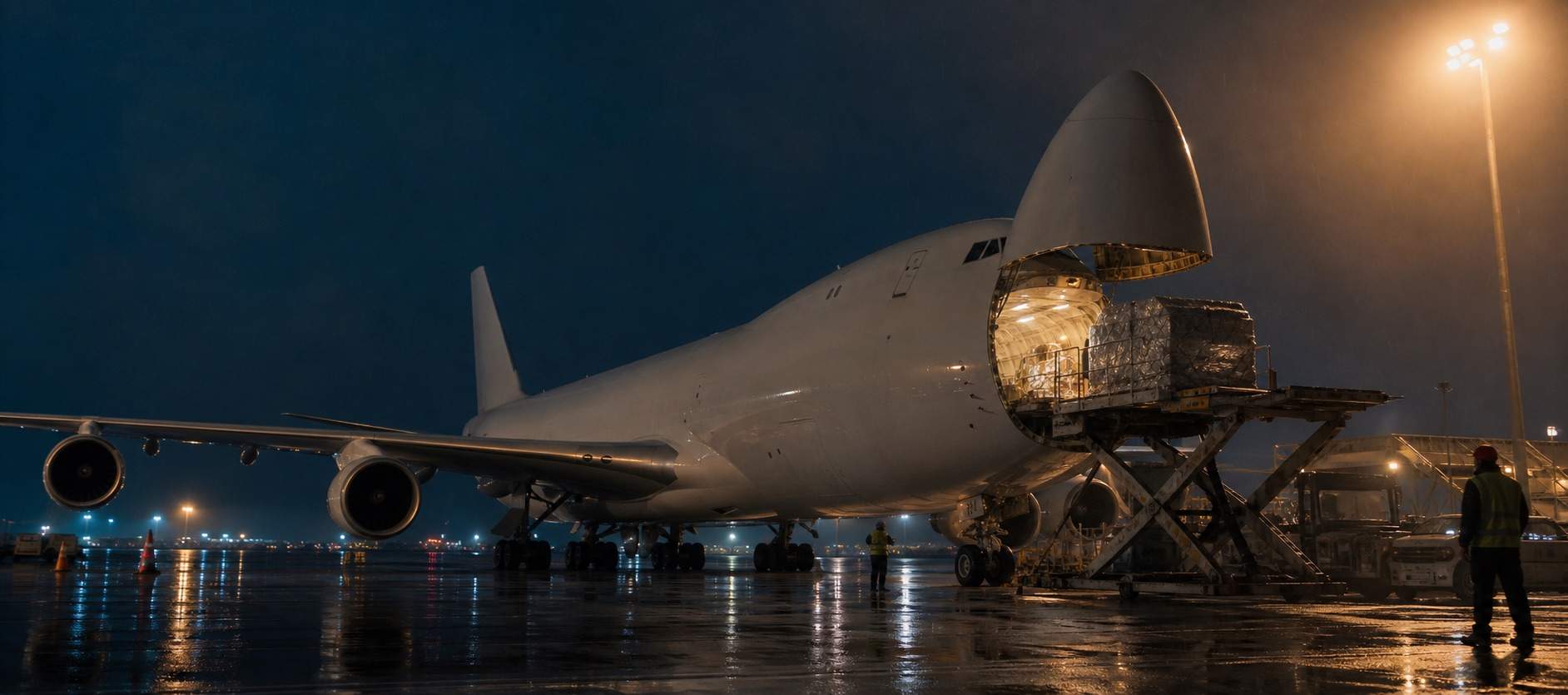 Air freight loading: cargo aircraft on the apron at night, handled by United American Line