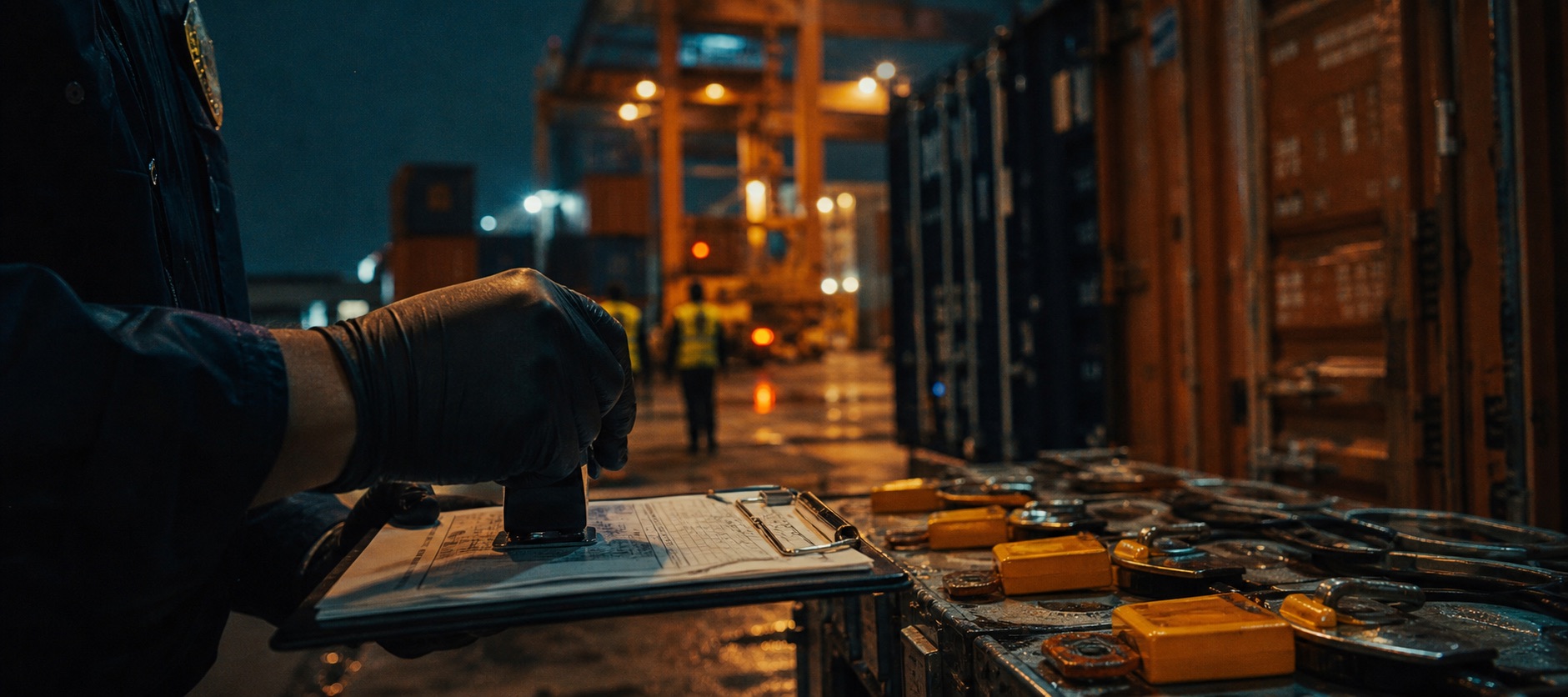 Stamped customs documents on an inspection desk, container terminal beyond the glass