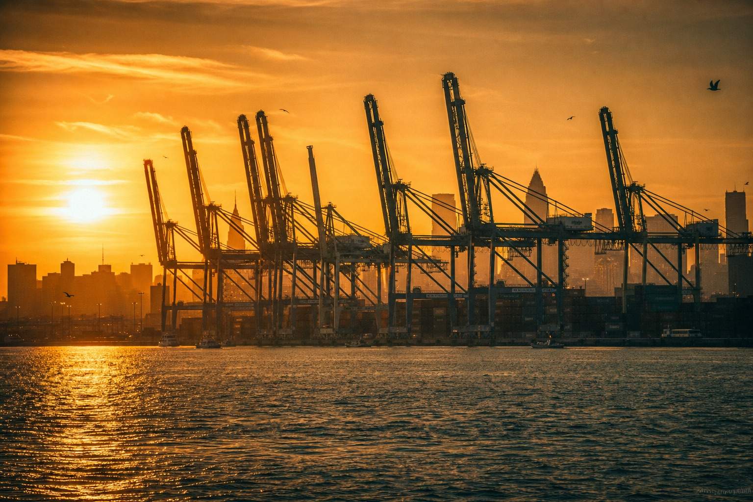 Karachi port at golden hour, cranes against the haze