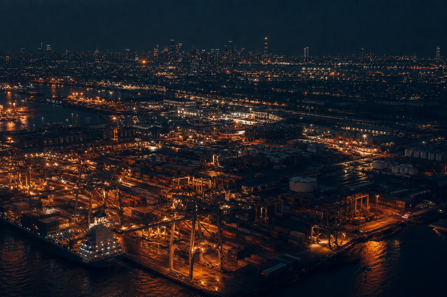 Night view of the container port near UAL's USA office in Parlin, New Jersey
