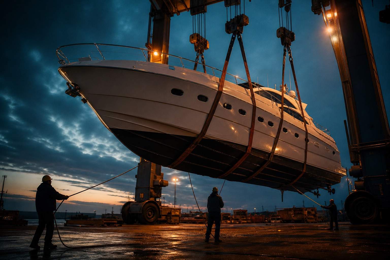 Project cargo shipping: yacht secured on a flat rack at the container terminal